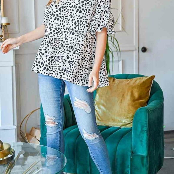 Animal Print Ruffled Front Keyhole Top - Picture 2 of 5